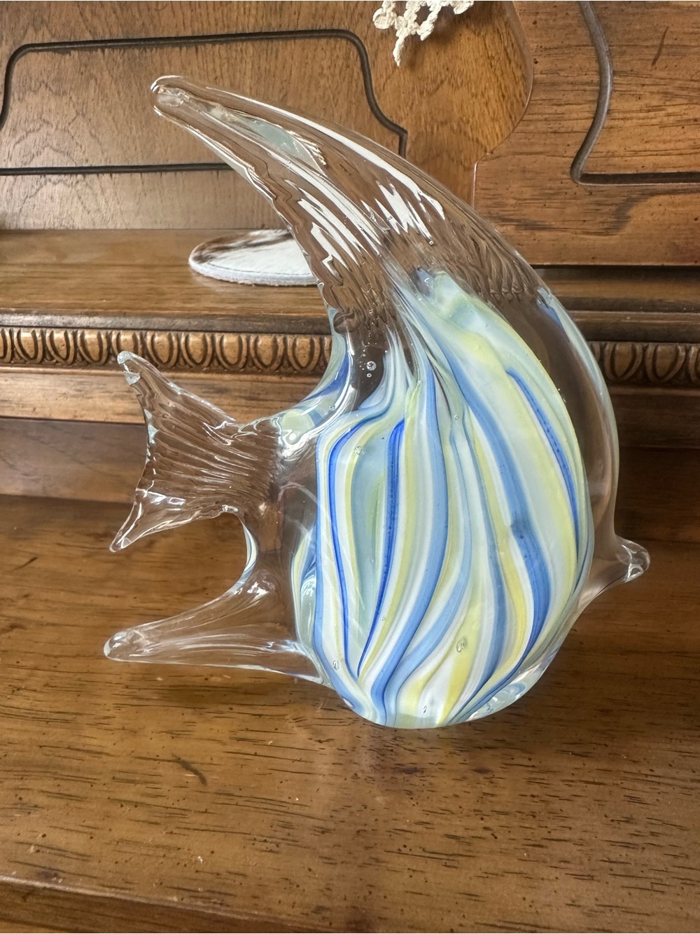 Handblown Glass Angelfish Sculpture in Blue and Yellow